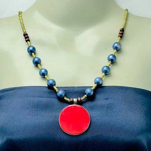 Metal And Wooden Beaded Chain Pendant Necklace, Handmade Light Weight Pendant